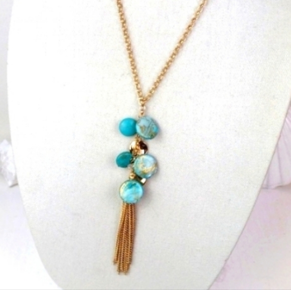 Gold & Marbled Turquoise Like Stone Fringed Beachy Vibe Lariat Bolo Necklace - Picture 2 of 12